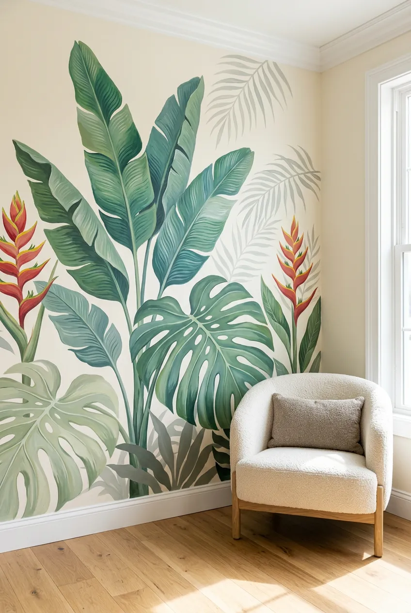 Red heliconia flowers and tropical leaves decorating a reading nook.