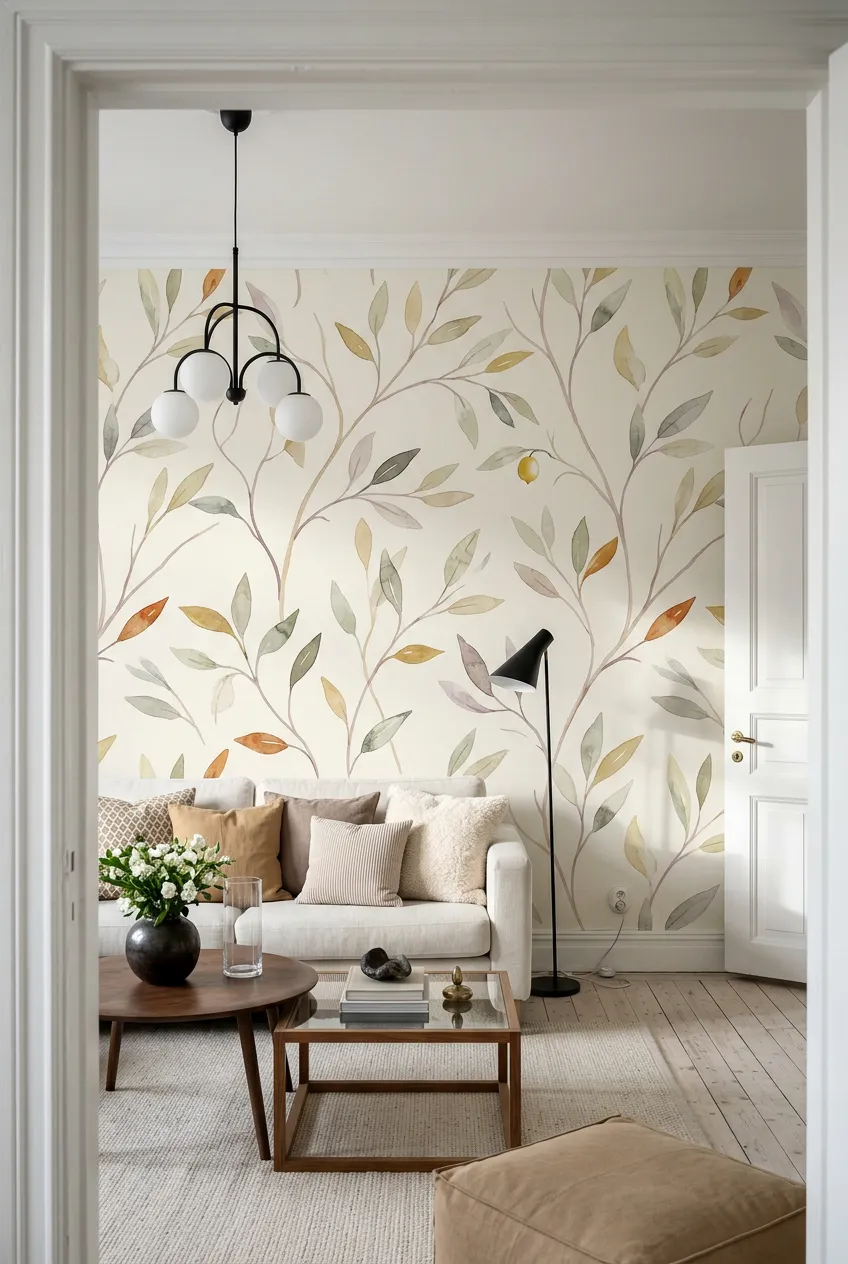 Neutral living room concept with a soft watercolor branch wall treatment.
