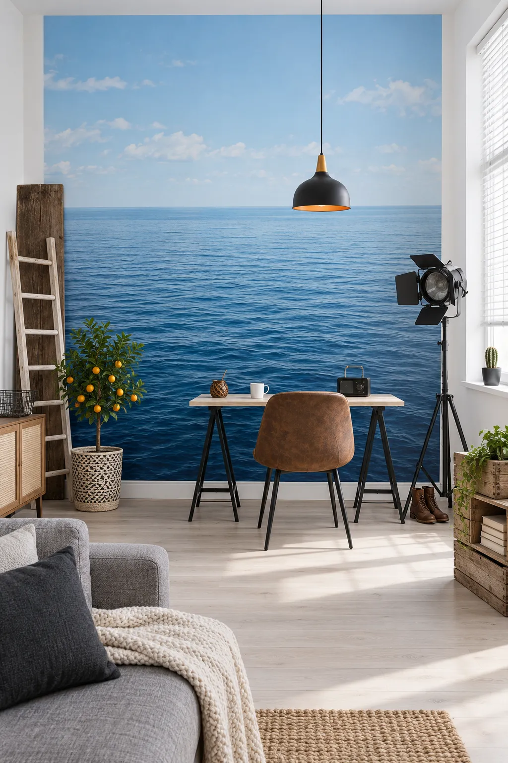 Blue ocean wall mural used as a calm backdrop in a home office.