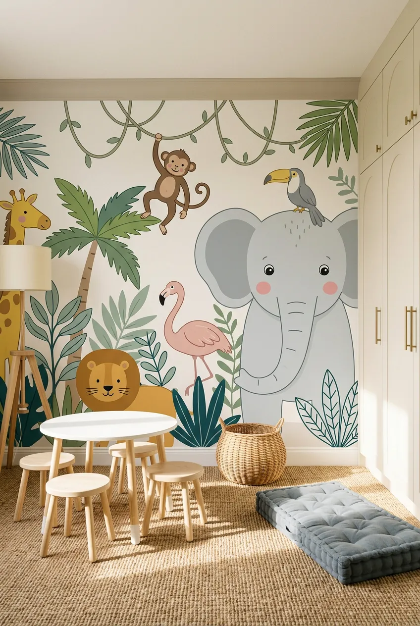Friendly cartoon elephant wall decor with green palms in a playroom.