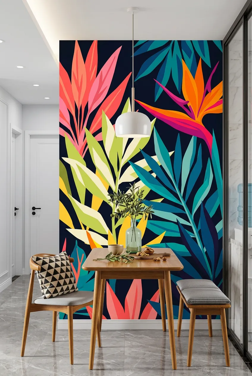 Dining nook concept framed by colorful abstract botanical shapes on the wall.
