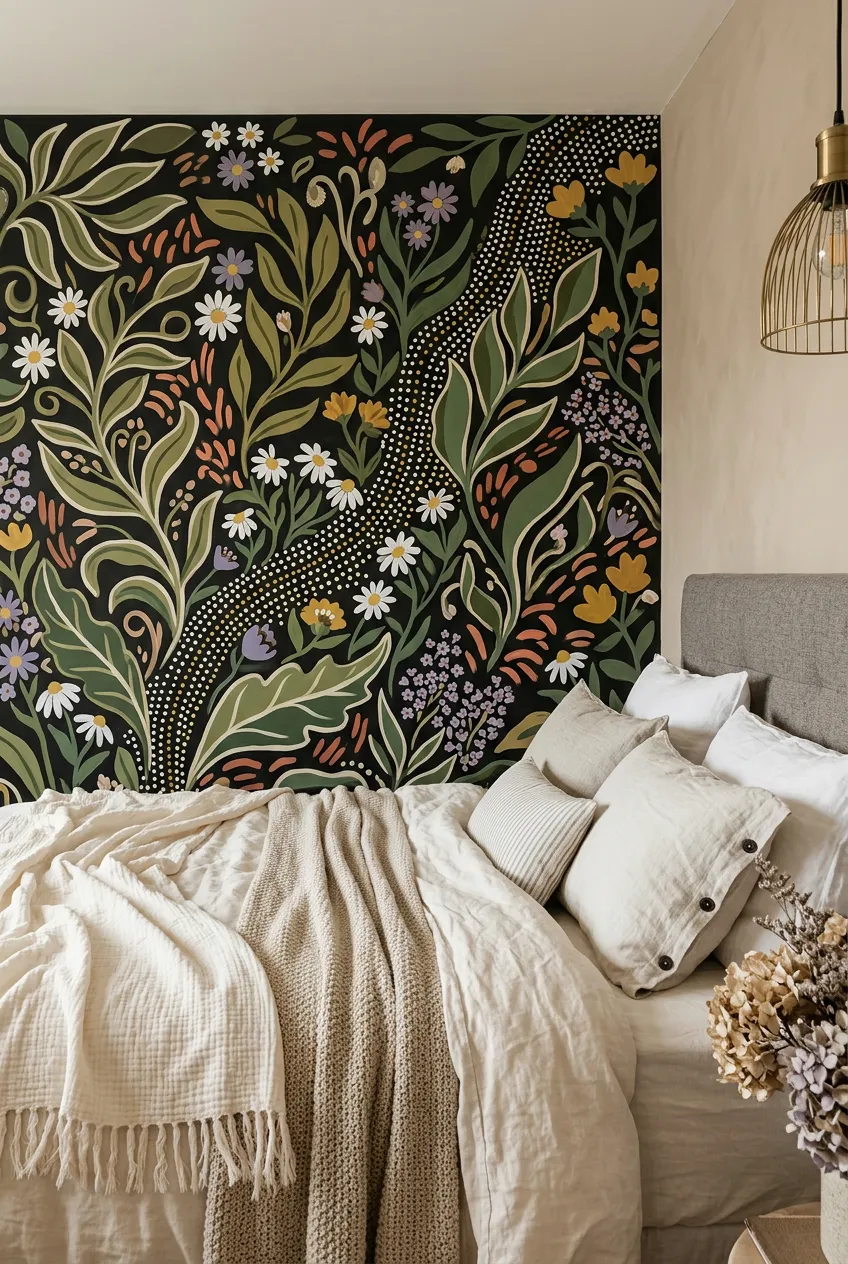 Colorful floral wall design paired with a neutral boho bedroom palette.