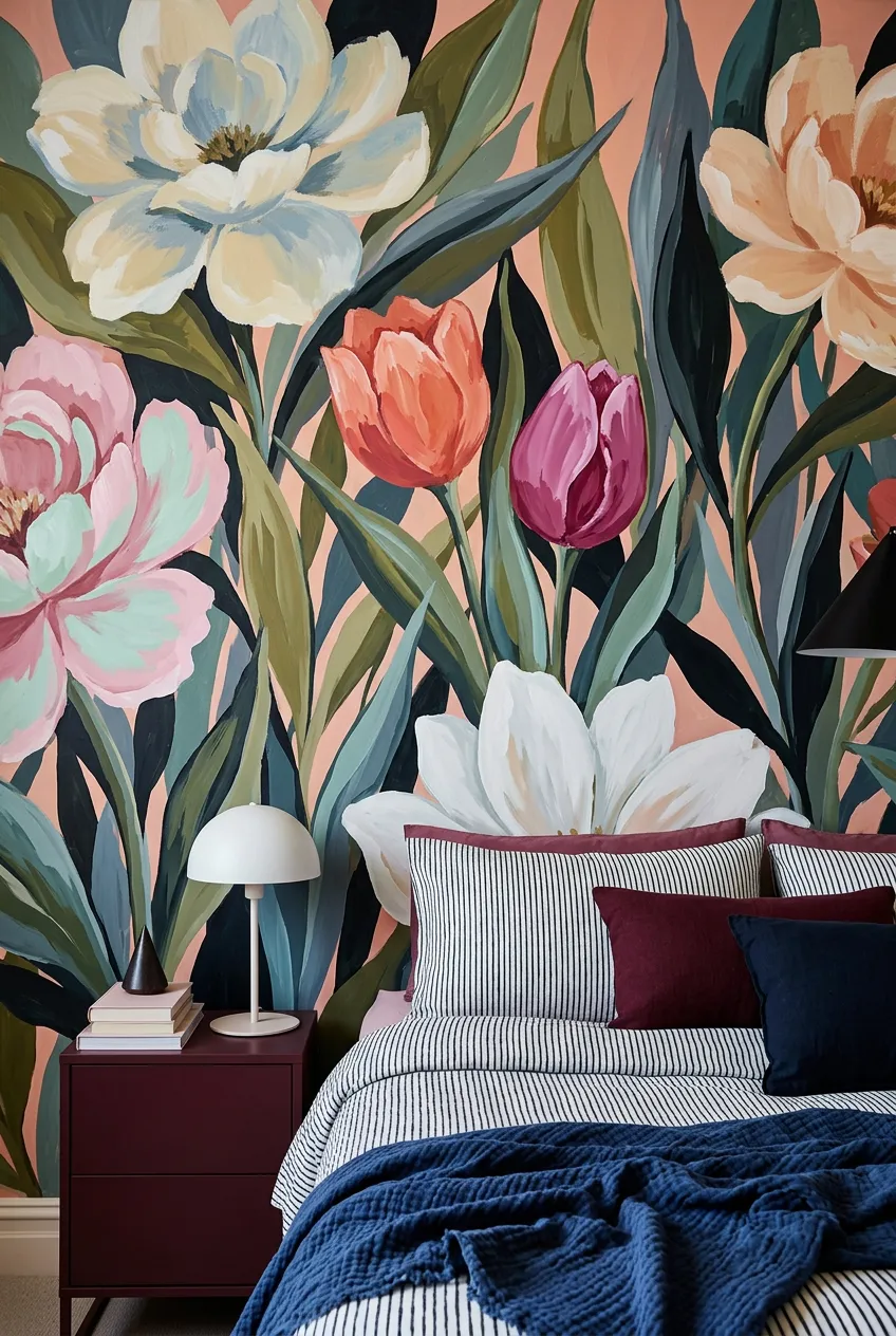 Bedroom wall concept with oversized flowers rendered in colorful painterly strokes.