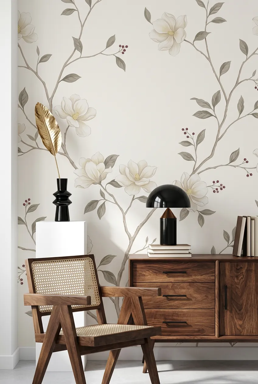 Cream floral wall treatment coordinated with walnut and cane furniture.