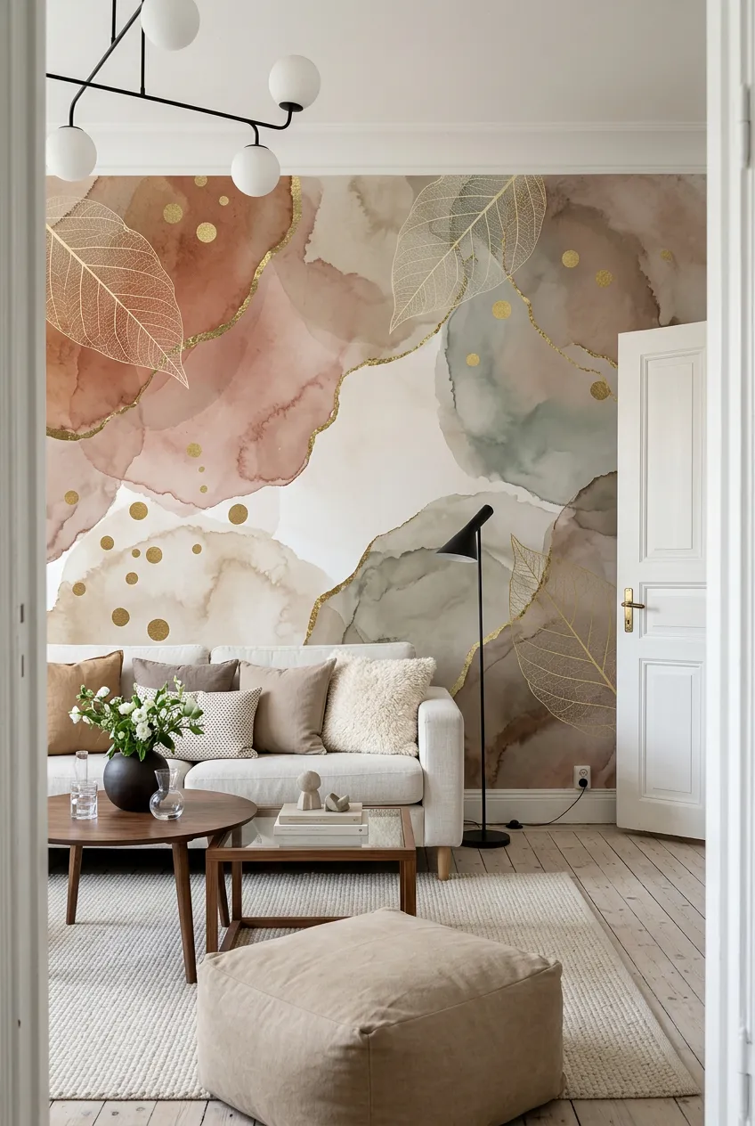 Earthy watercolor leaf design with gold details in a living space