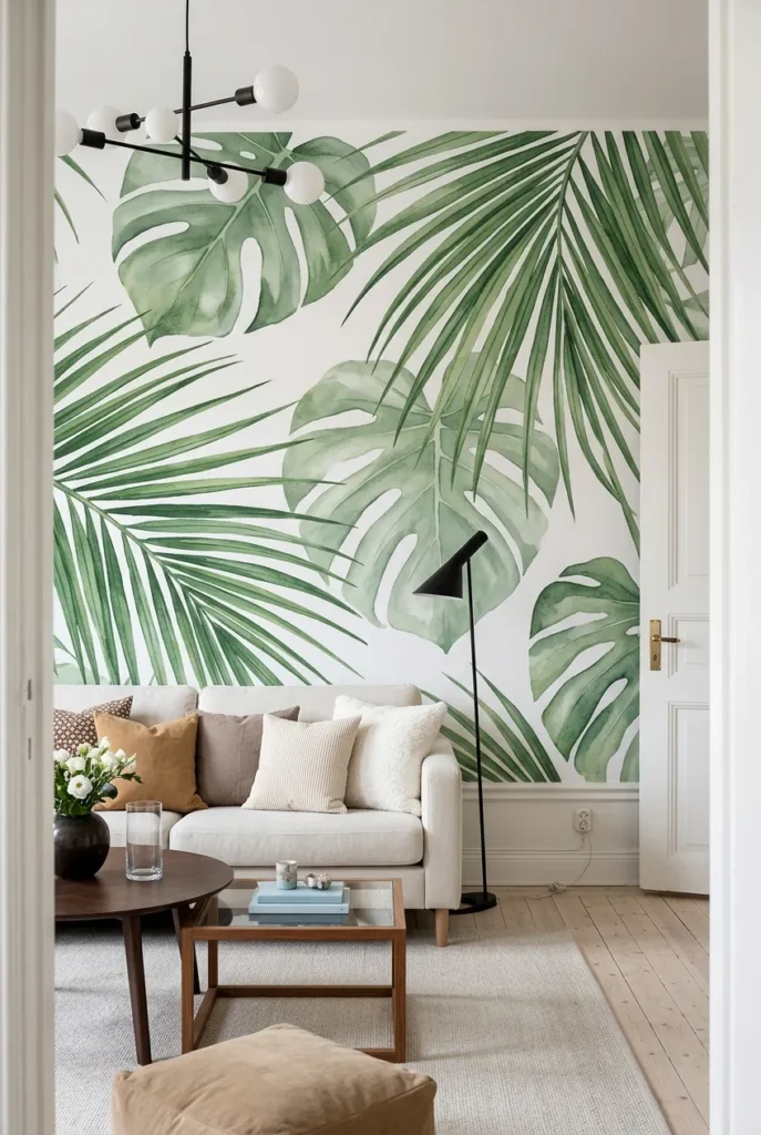 Living room wall concept combining slender palm fronds with broad monstera leaves.