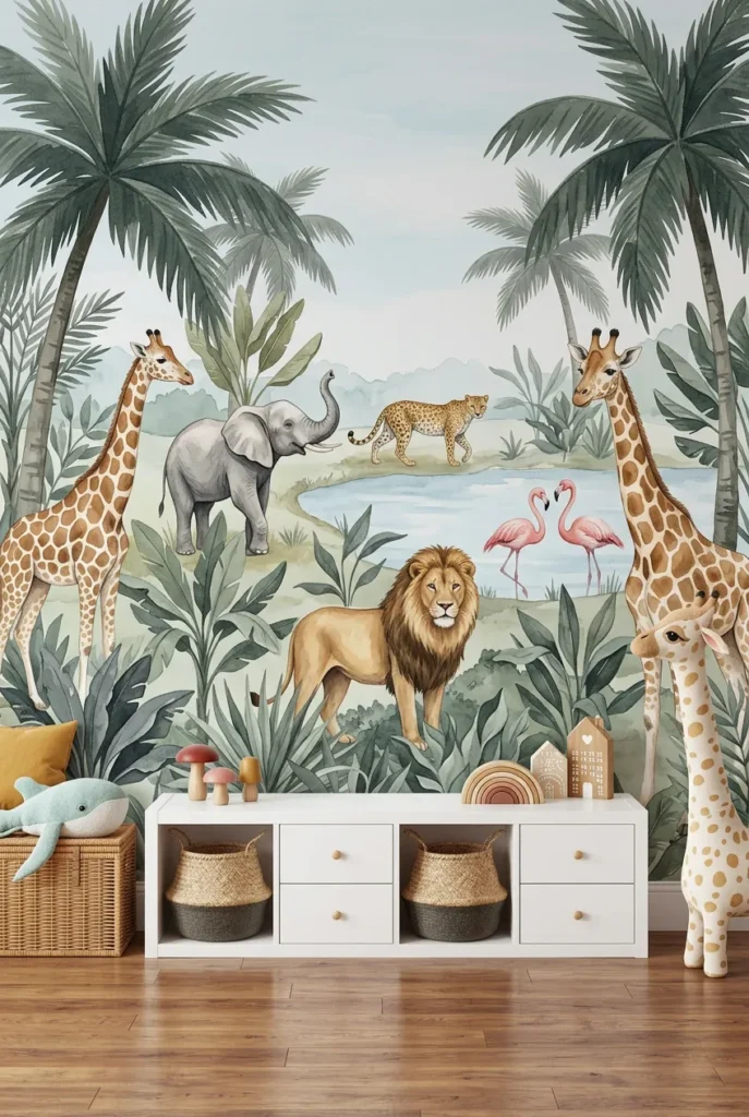 Kids room safari wall featuring green palms and animals at a watering hole.