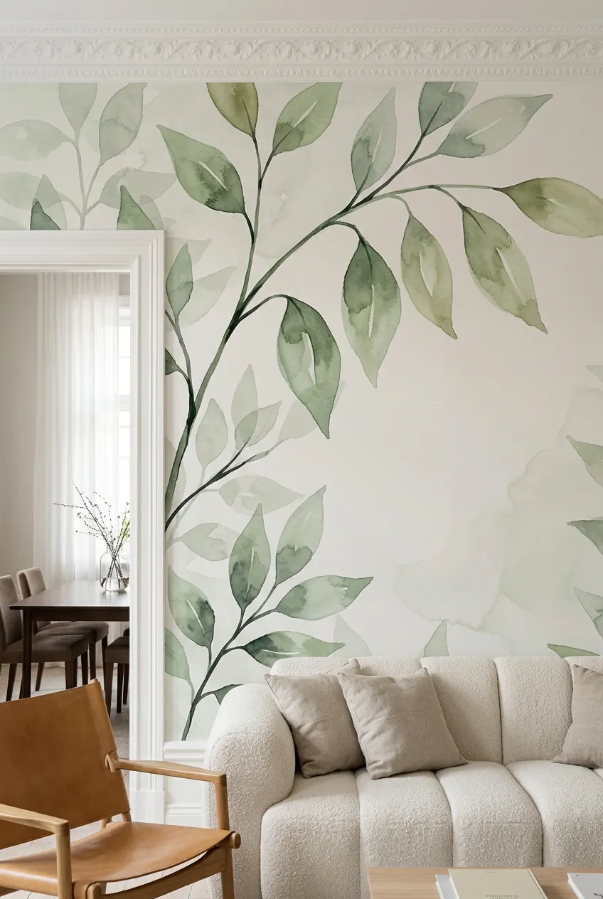 Cream sofa against a backdrop of soft green watercolor leaves