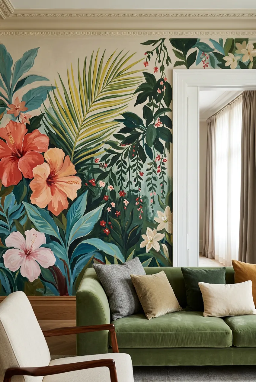 Living room concept with a green sofa coordinated with foliage in a lush floral mural.