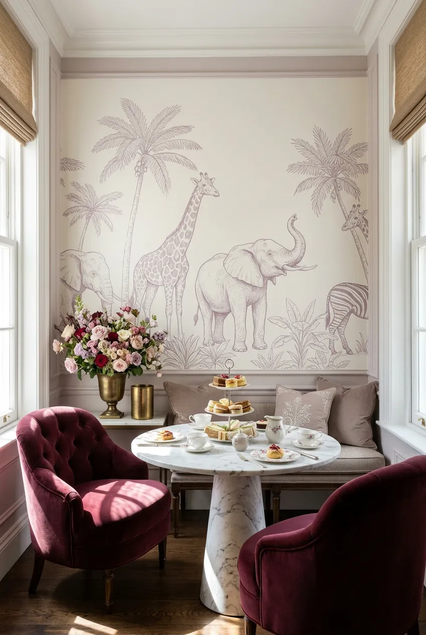 Burgundy tea nook set against a mauve safari backdrop.