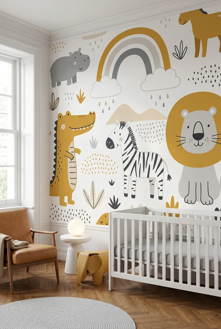 Nursery animal wall decor in mustard and gray with rainbow motifs.