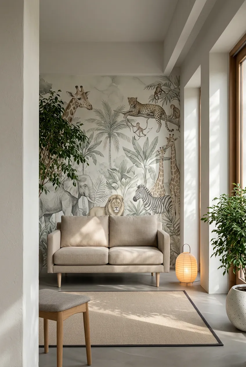 Muted safari wall decor paired with a beige sofa and natural textures.