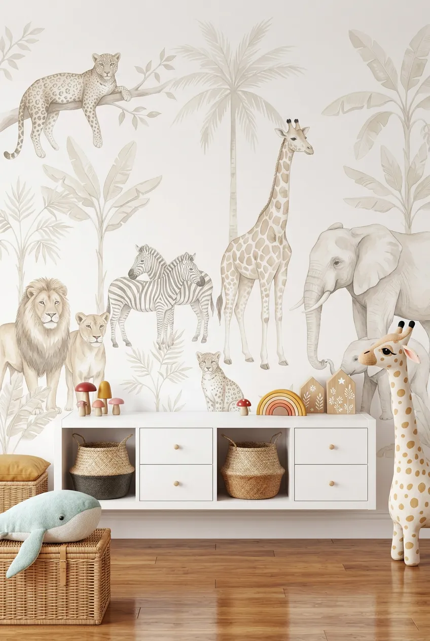Beige animal-themed nursery wall paired with woven toy storage baskets.