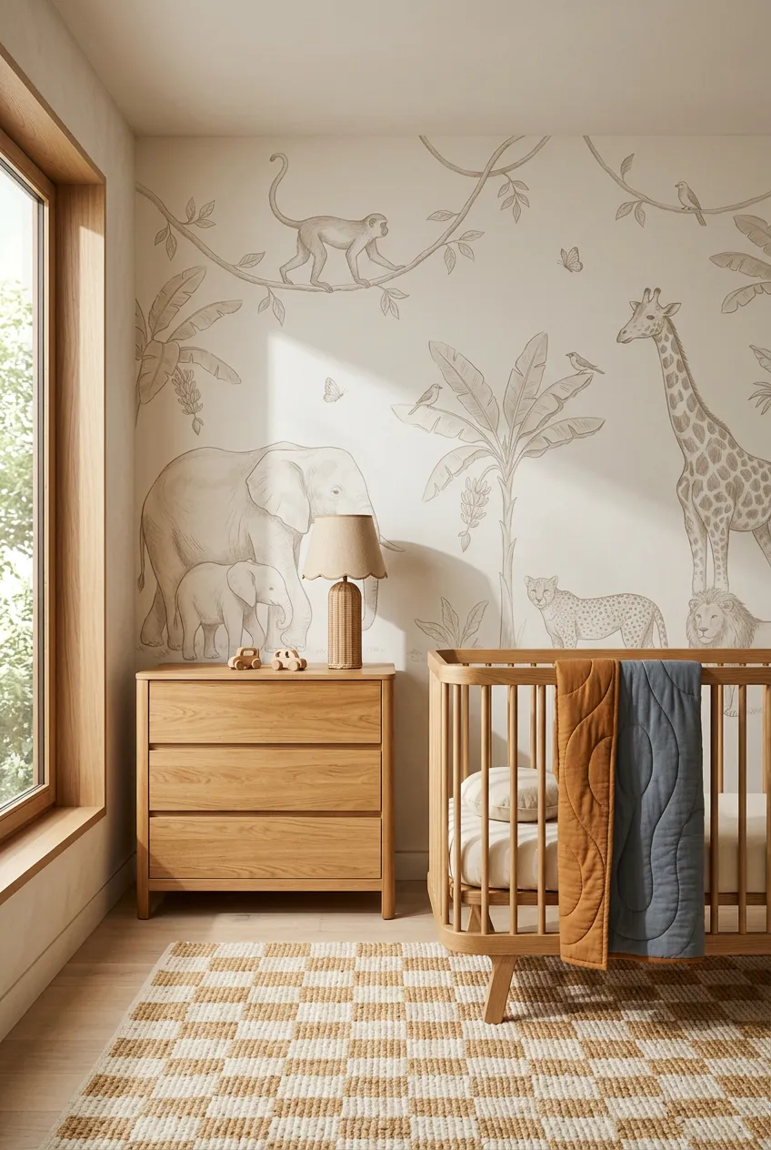 Neutral safari nursery mural paired with warm oak furniture.