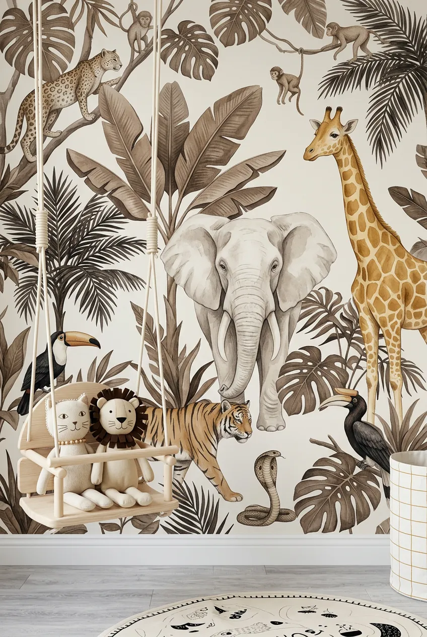 Neutral jungle animal nursery backdrop with a wooden swing.