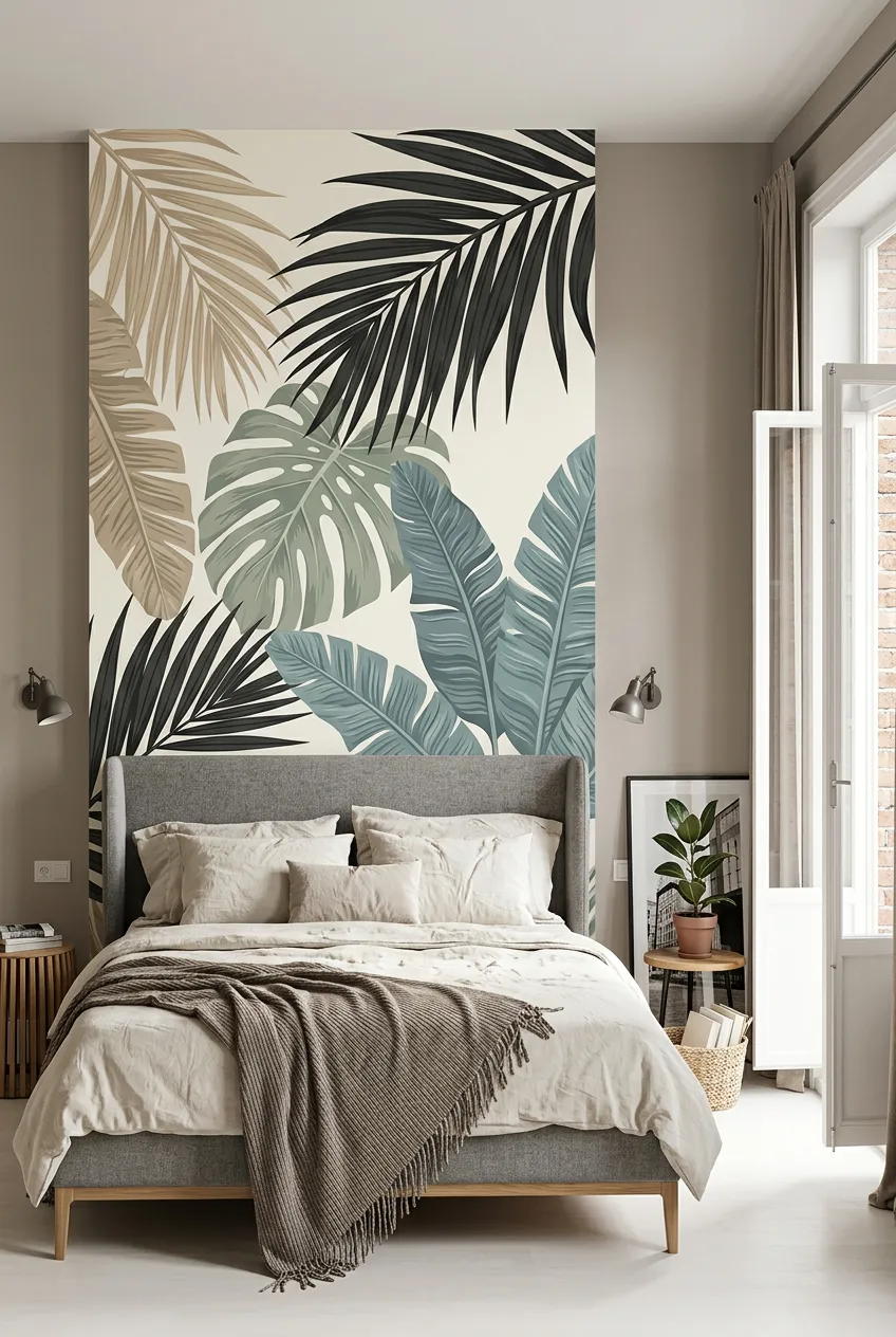 Calm tropical bedroom concept with neutral foliage motifs and tonal bedding.