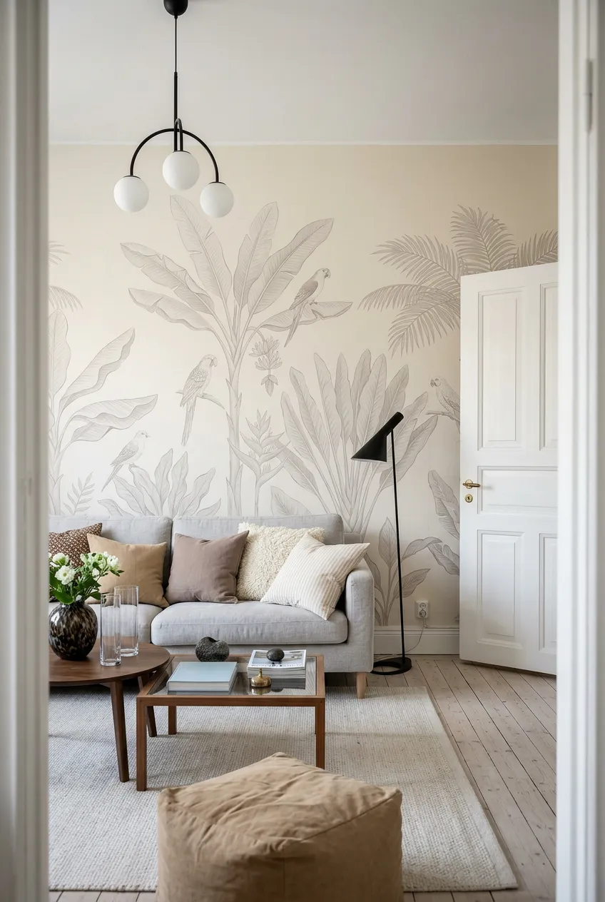 Neutral tropical botanical motifs paired with Scandinavian-style furniture