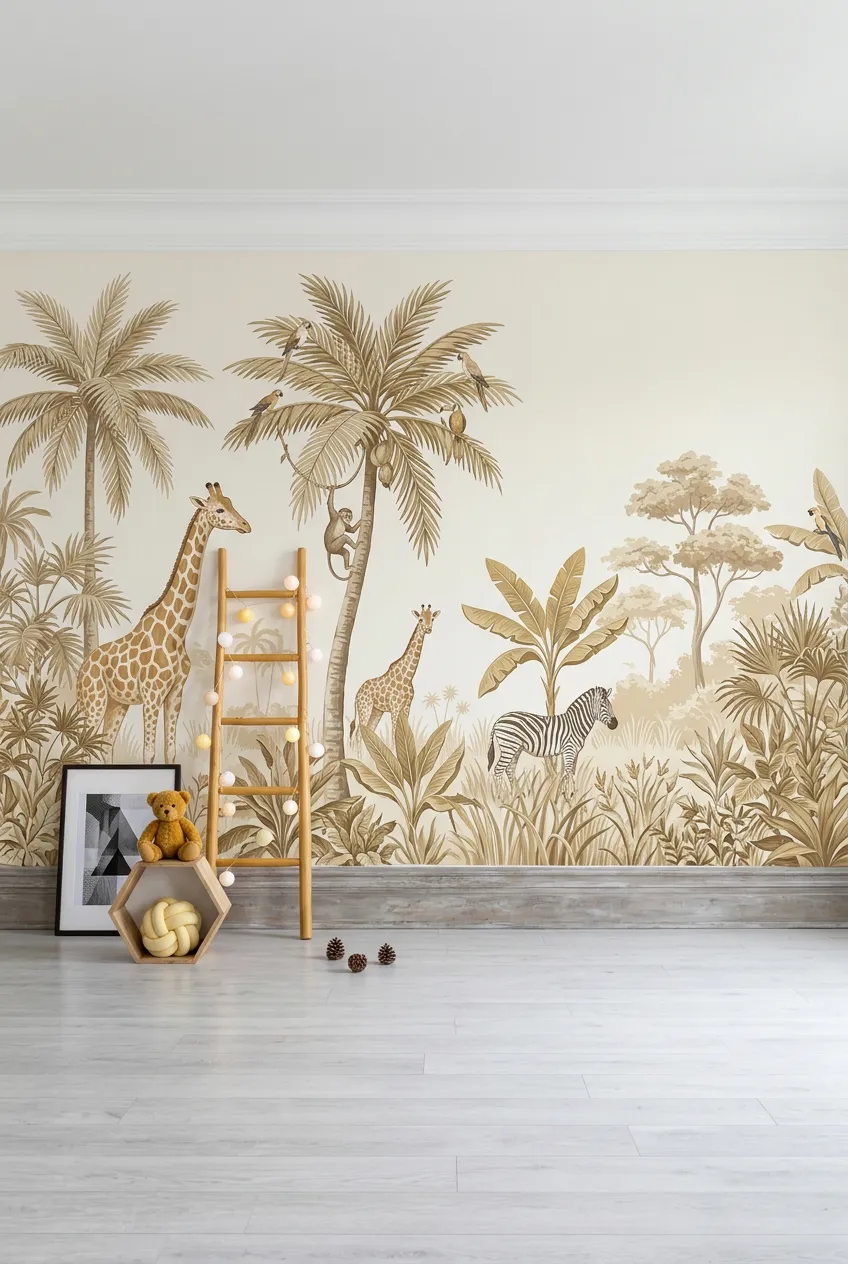Warm ochre giraffe wall decor in a neutral playroom.