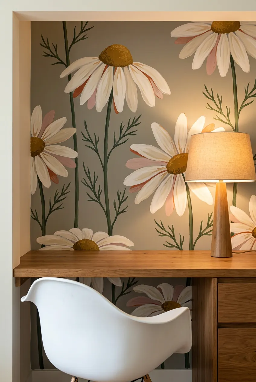Oversized daisy wall design framing a home office desk nook.