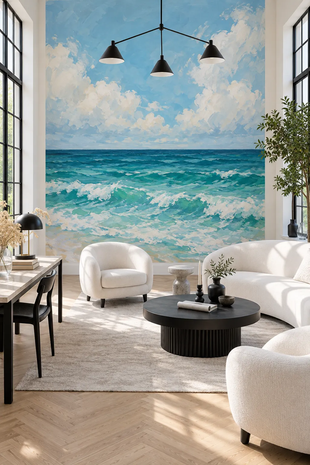 Painted turquoise wave wall mural behind white living room seating.