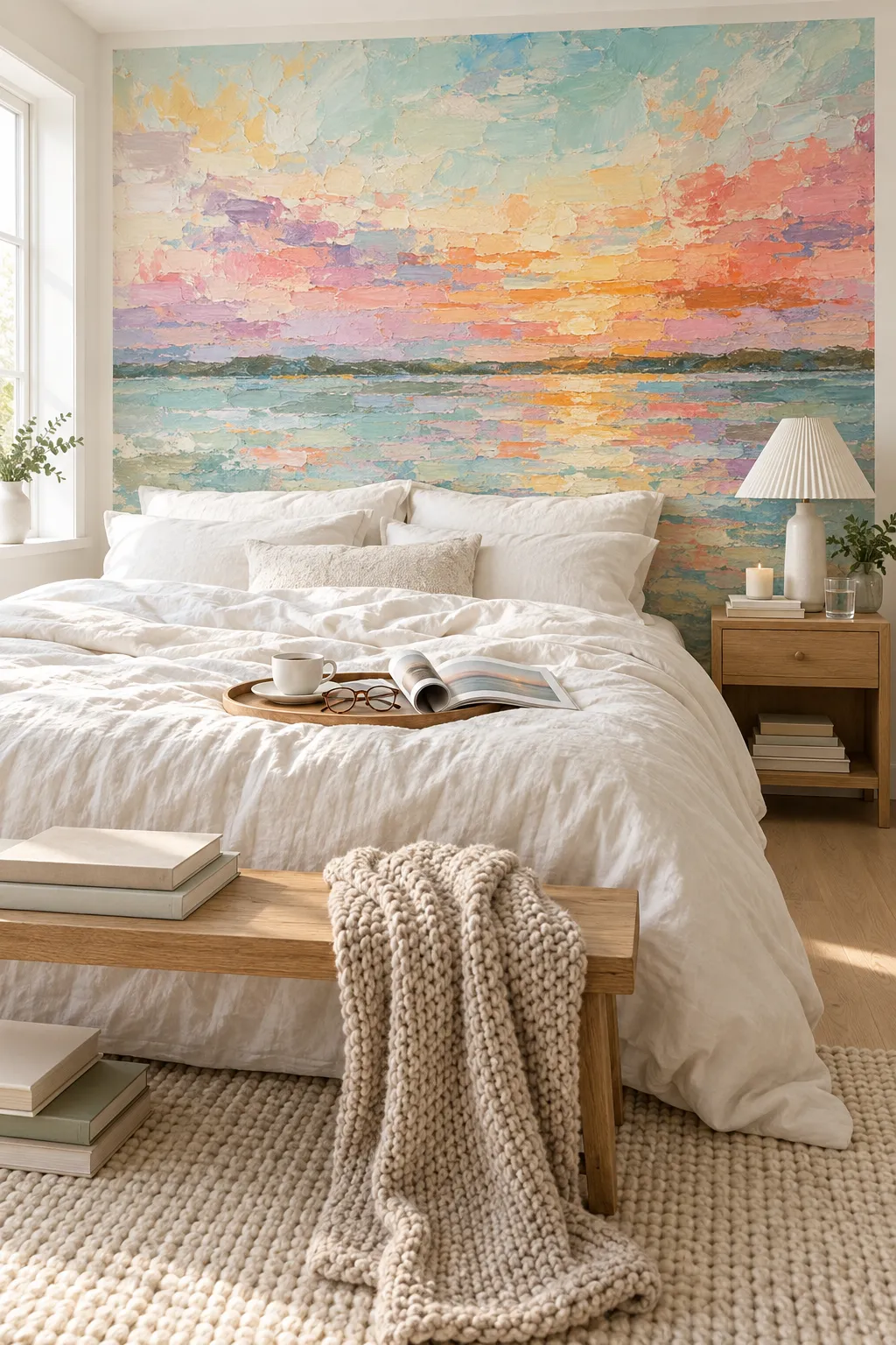 Abstract sea wall mural adding soft color to a white bedroom.