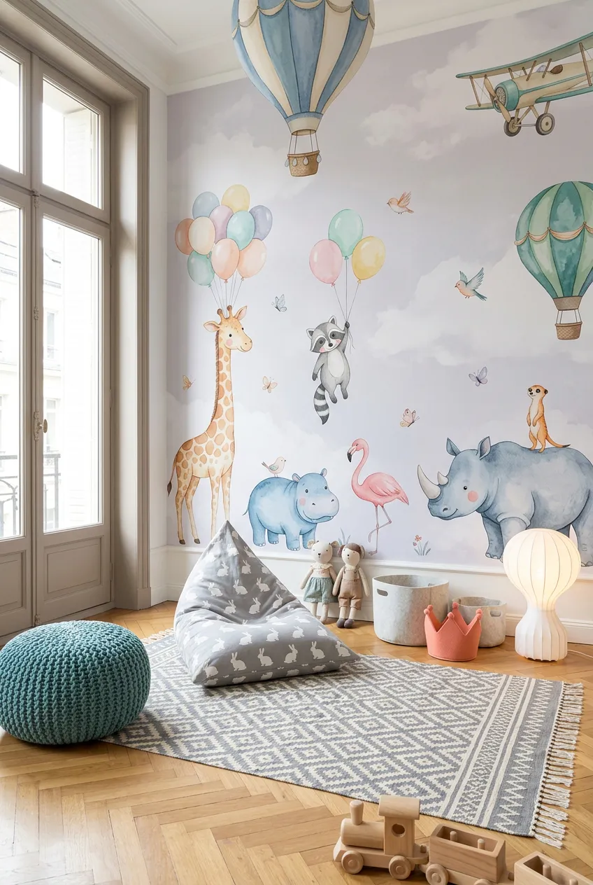 Playroom wall decorated with pastel safari animals and hot air balloons.