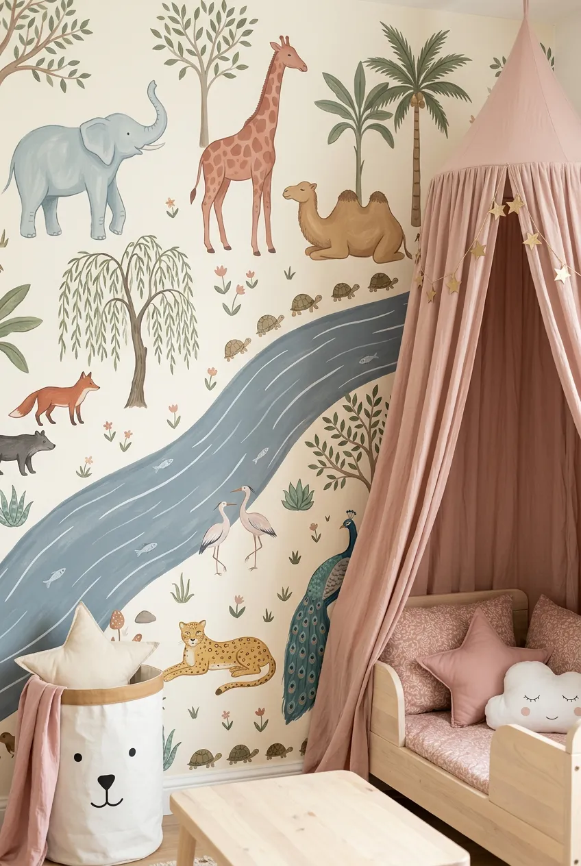 Pastel animal wall decor beside a reading nook with a pink canopy.