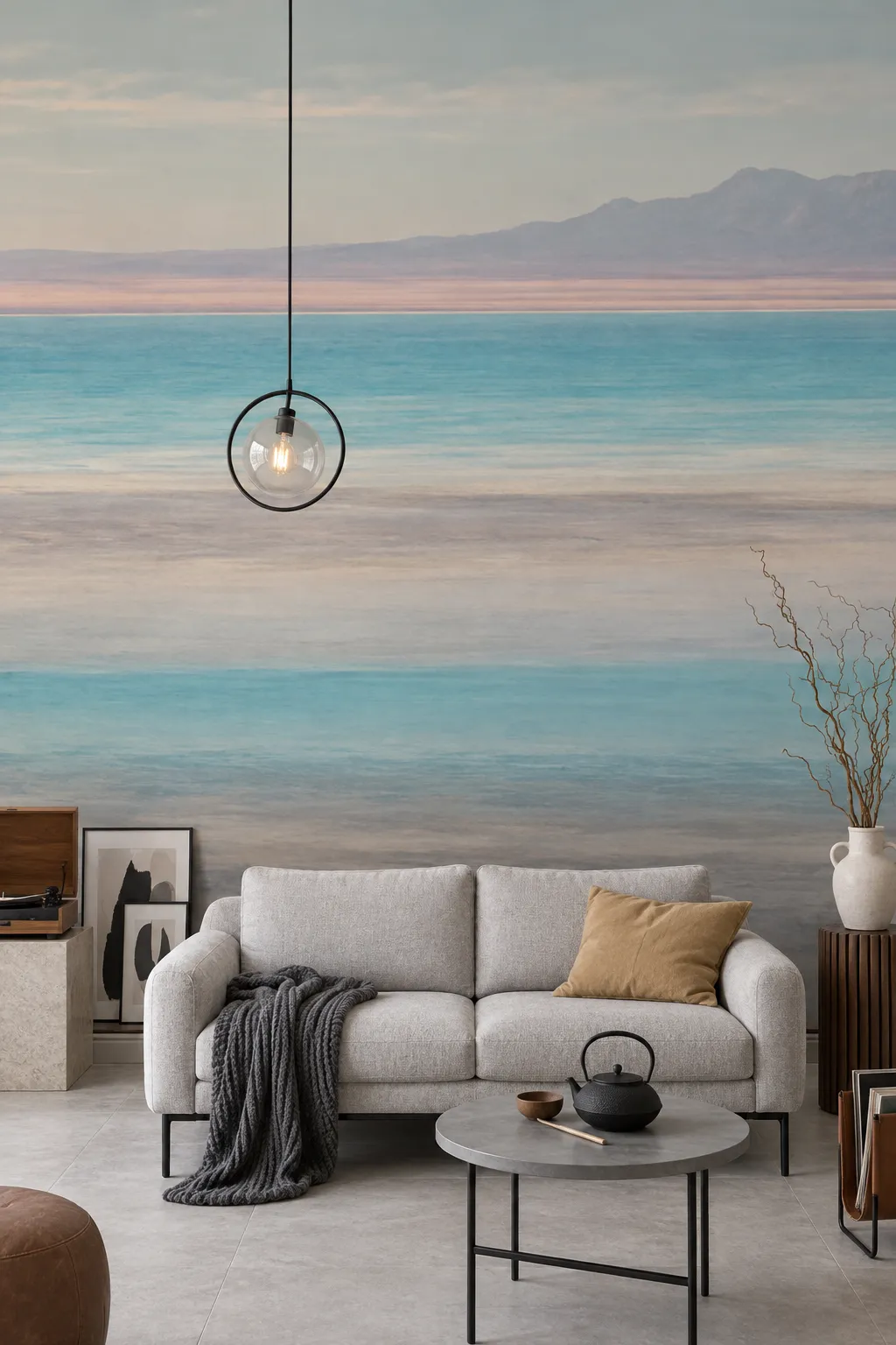 Pastel shoreline wall mural paired with modern gray living room furniture.