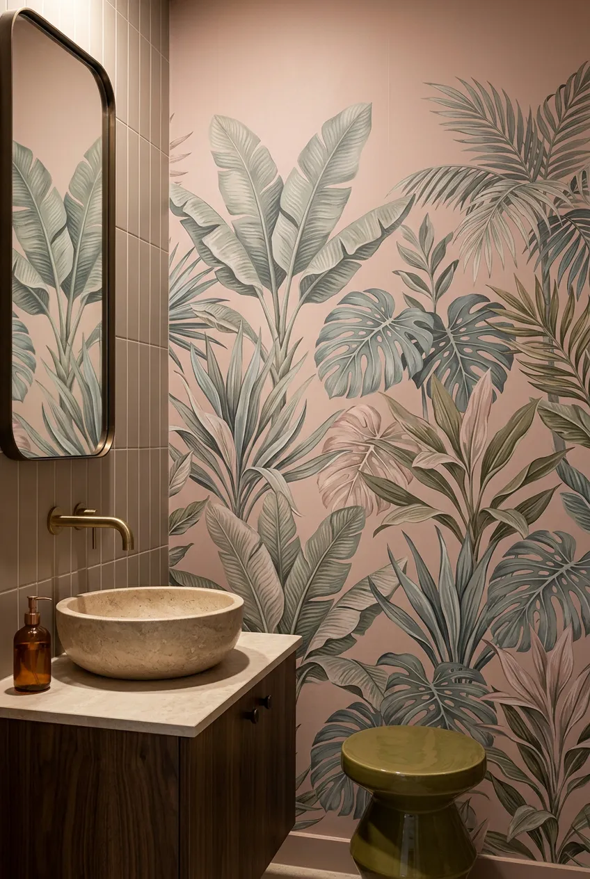 Powder room decorated with blush pink and green tropical botanical motifs