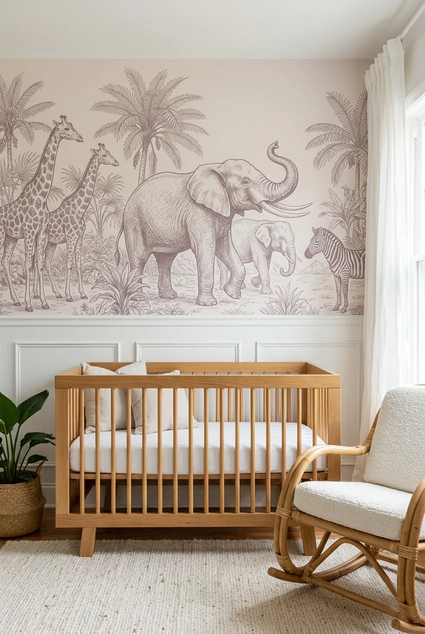 Pink safari walls paired with a wood crib and rattan rocking chair.