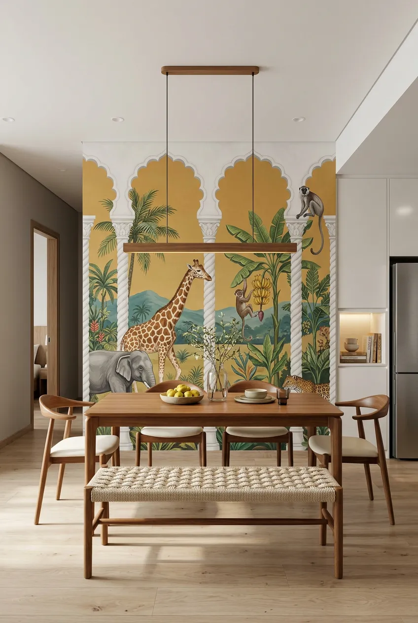 Dining room wall decor featuring golden arches and tropical animals.