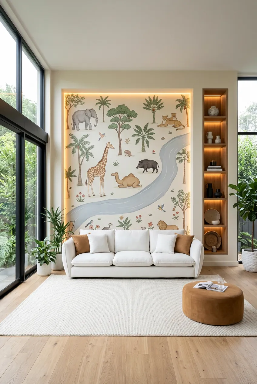 Safari-themed living room wall paired with backlit shelves.