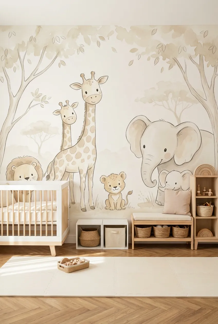 Watercolor animals in beige and cream for a soft nursery color scheme