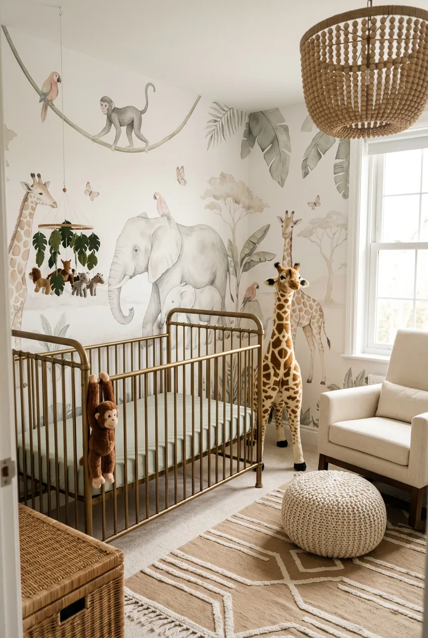 Neutral safari animal wall decor behind a brass crib.