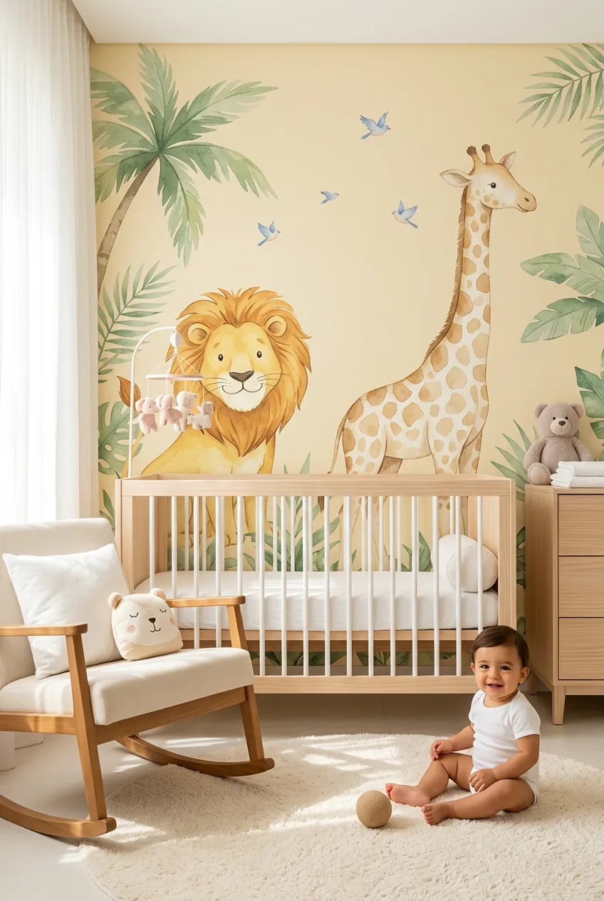 Sunny safari nursery scene featuring a lion, giraffe, and palm trees.