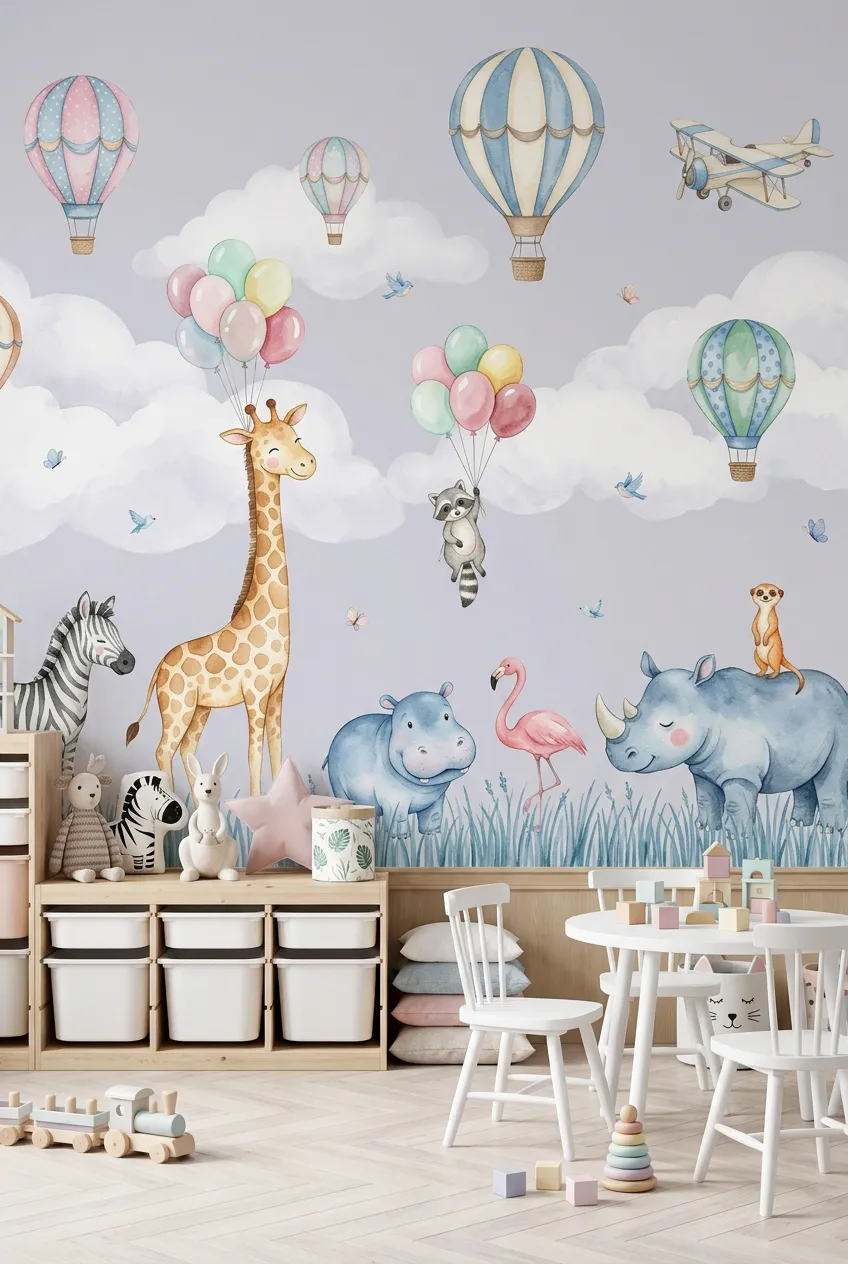 Pastel balloons and watercolor animals in a dreamy playroom wall design