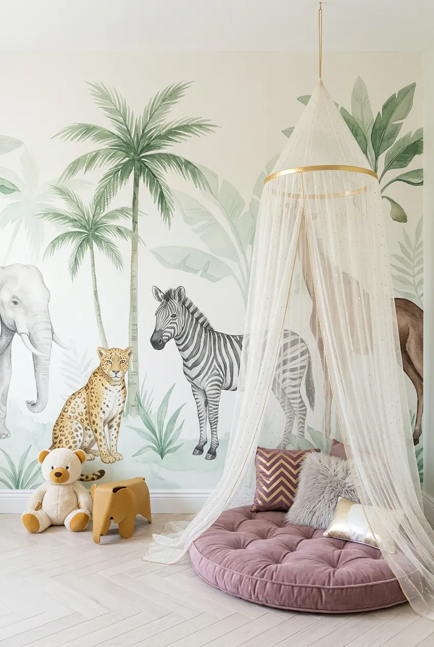 Sheer canopy reading nook surrounded by safari scenery.