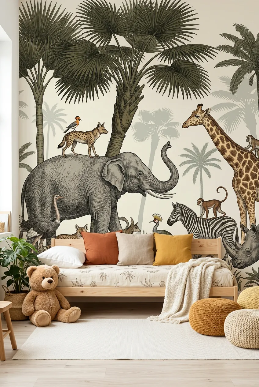 Tropical palm scenery forming a backdrop behind a cozy kids daybed