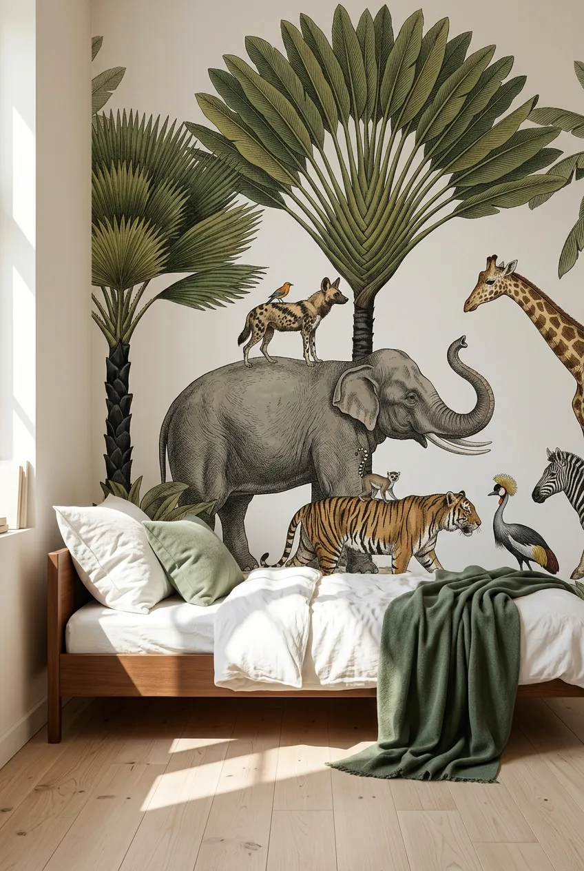 Tropical palm wall decor paired with forest green bedding.