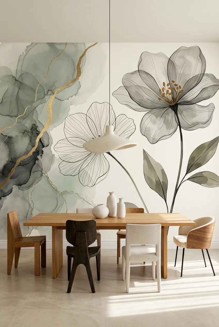 Sage and gold floral wall design behind a modern dining setting.