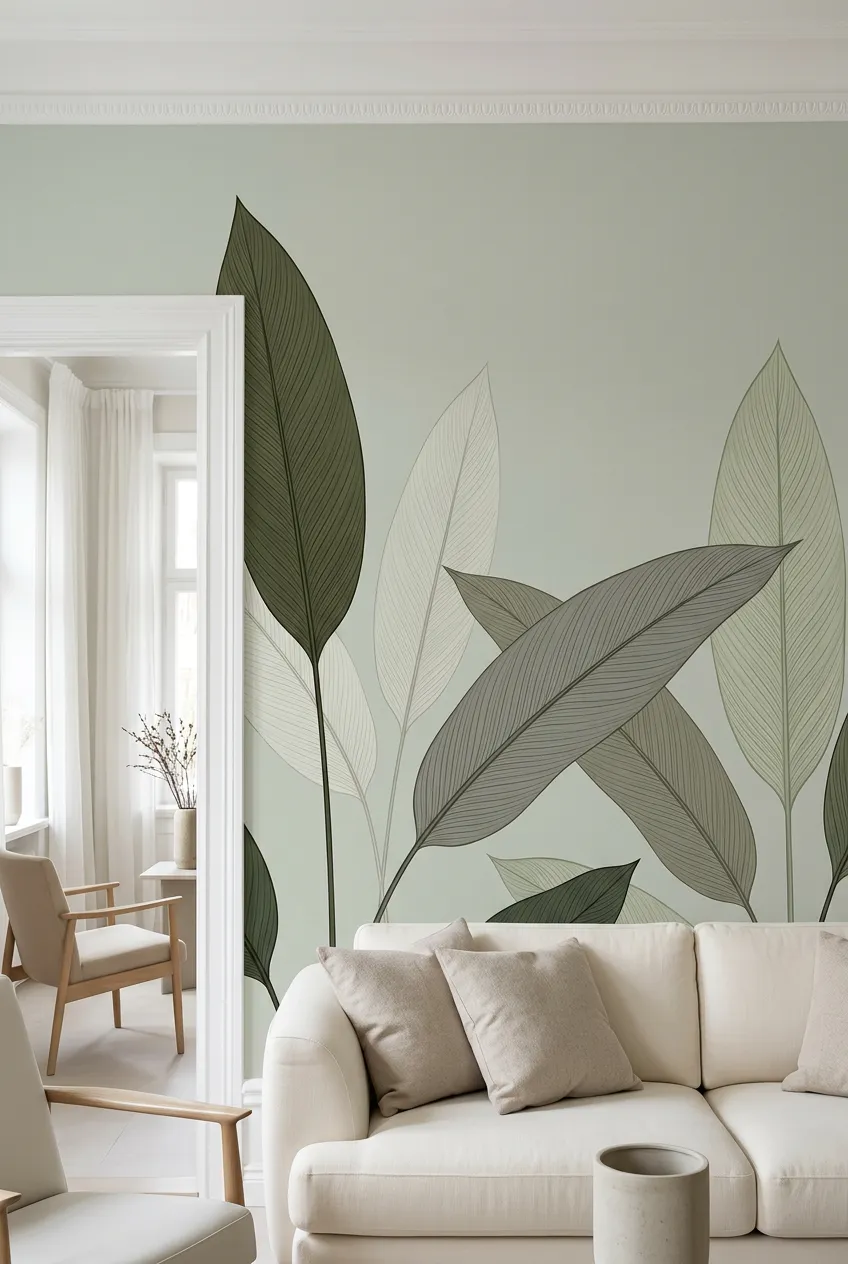 Oversized sage leaf wall design forming a calm living room backdrop.