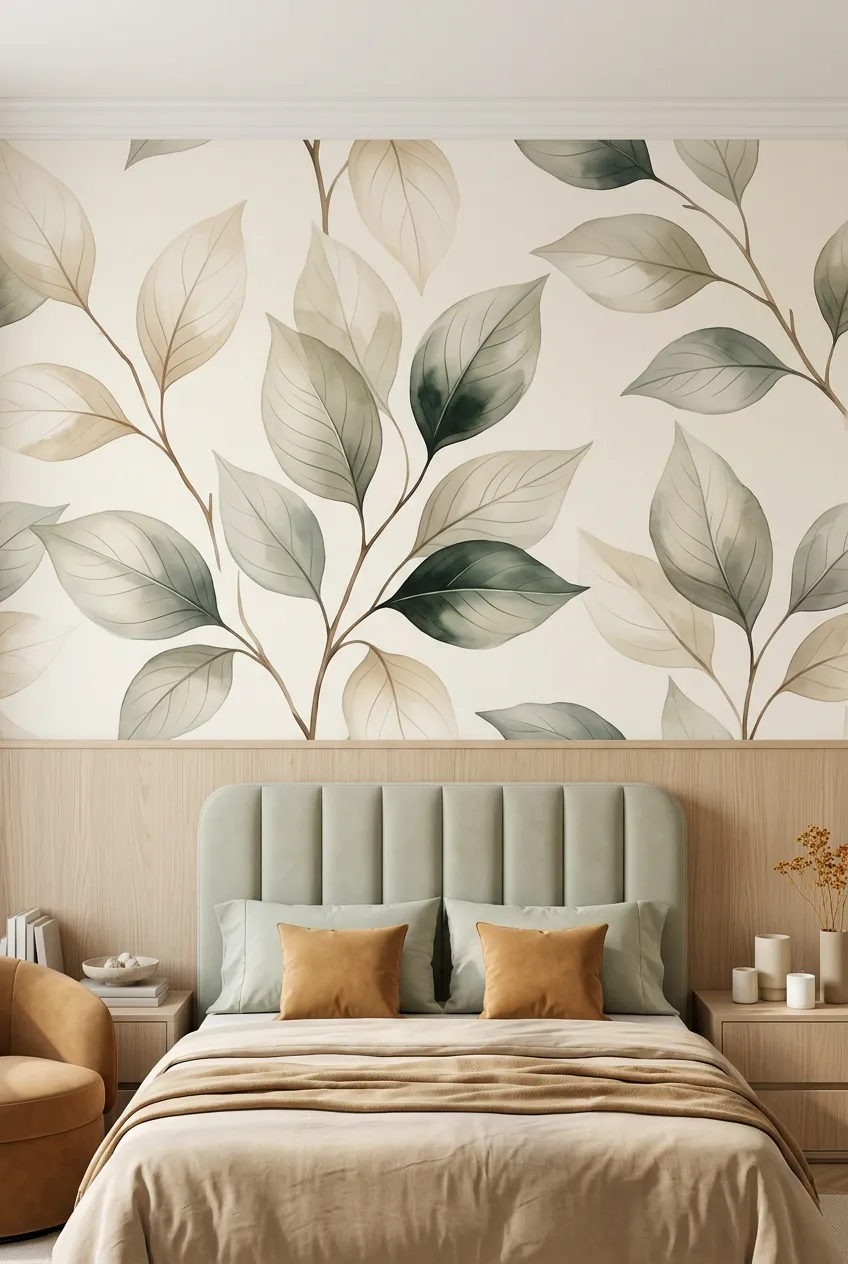 Bedroom concept pairing sage leaf wallpaper with warm wood furniture.