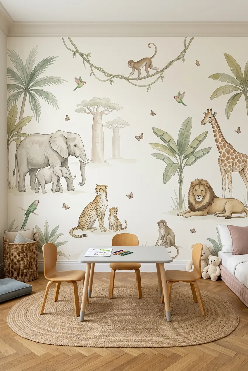 Sage green playroom featuring watercolor safari animal wall art.