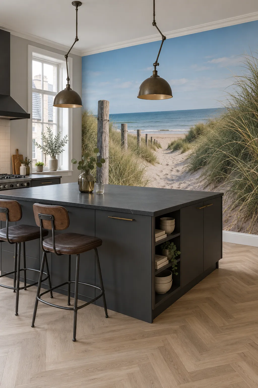 Beach dune path leading toward the ocean in a modern kitchen setting.