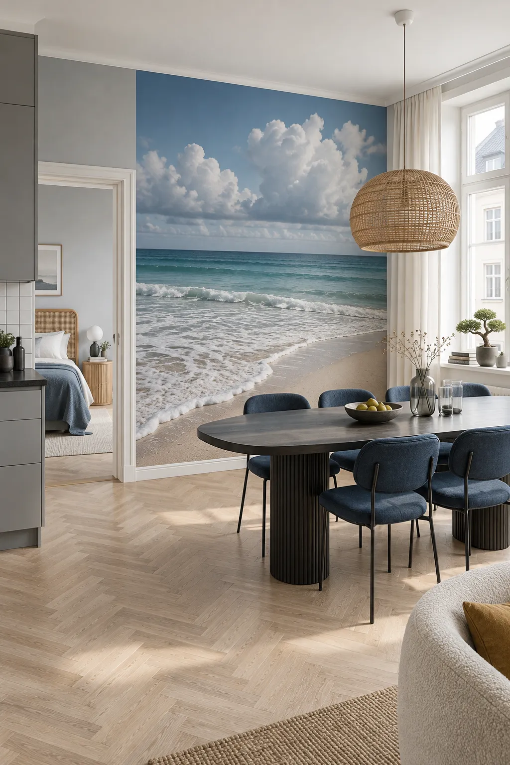 Beach wave scene in an airy Scandinavian dining room.