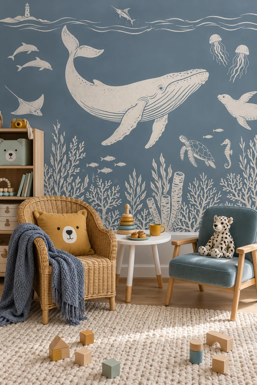 Kids’ reading corner with a blue whale and coral mural beside books and cozy seating.