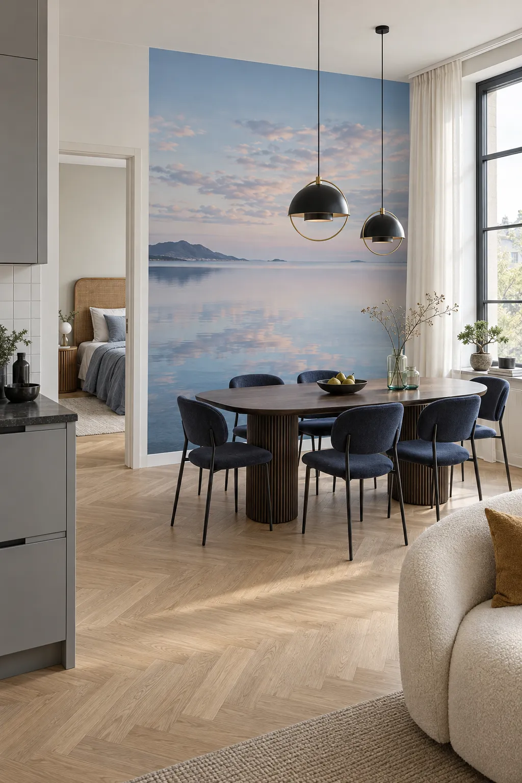 Calm ocean scene in a Scandinavian dining room with a soft coastal palette.
