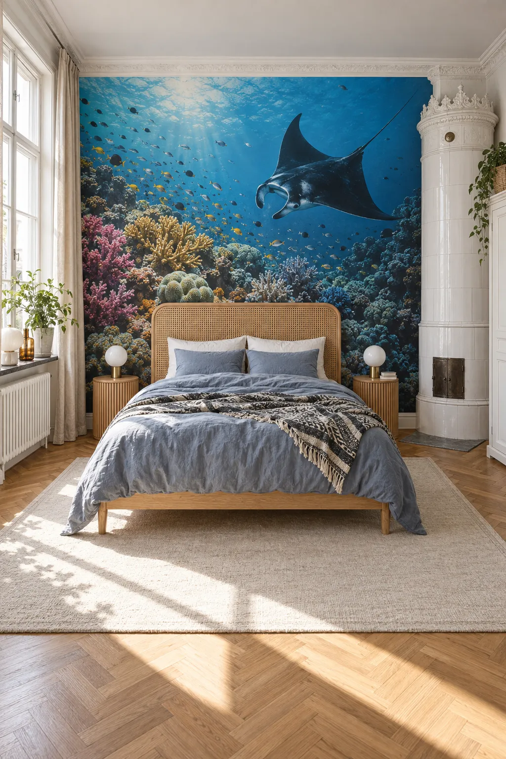 Bedroom focal wall mural featuring a manta ray above a coral reef.