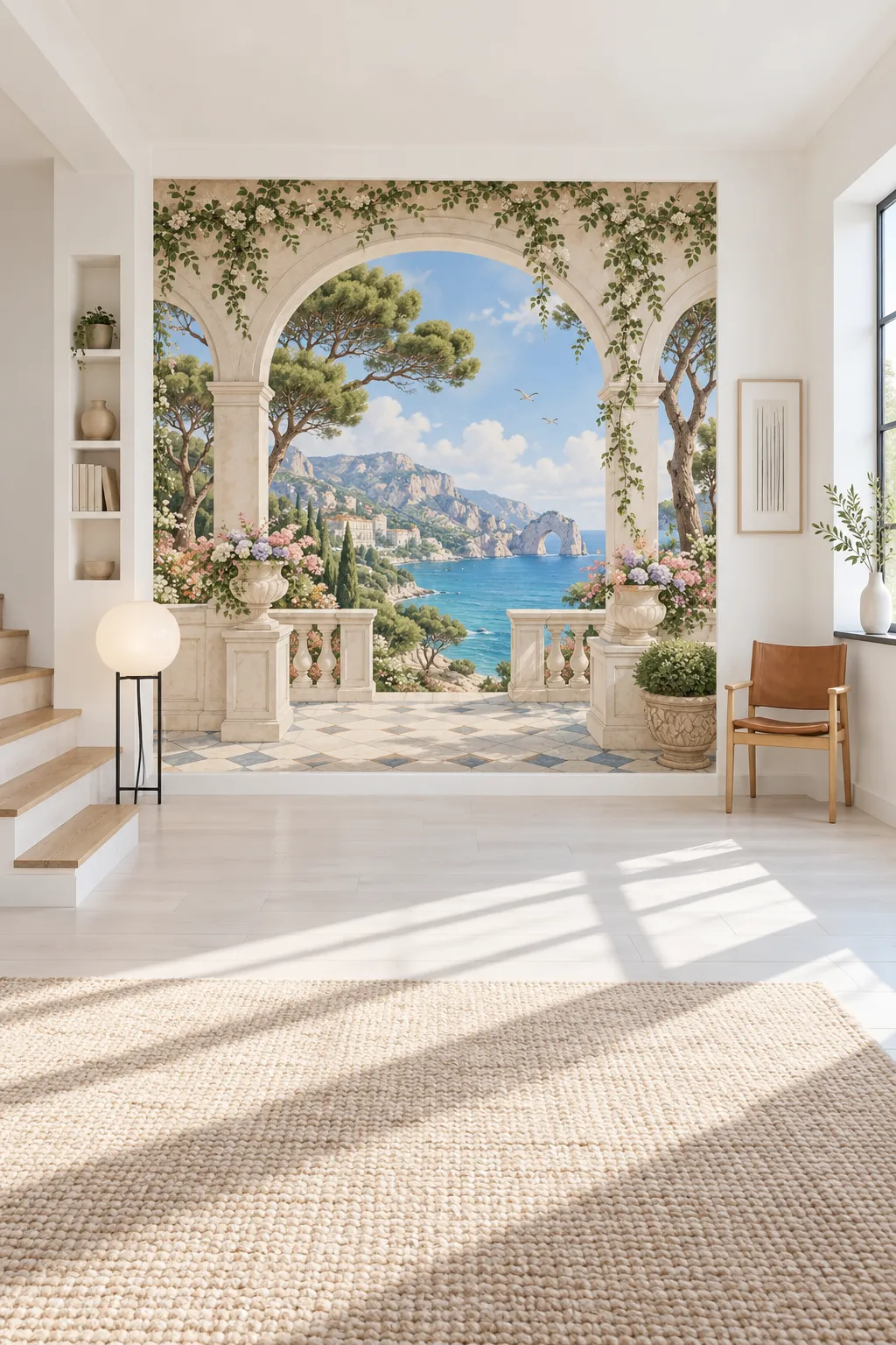 Arched terrace scene overlooking the sea with a Mediterranean atmosphere.
