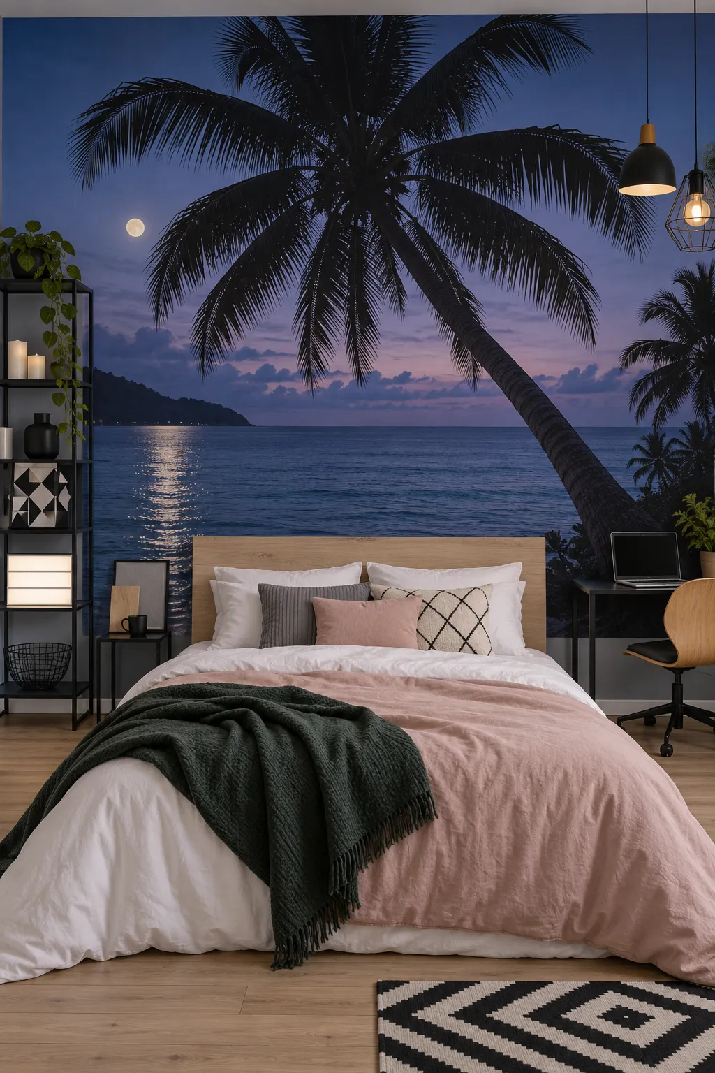 Moonlit tropical ocean scene with palm silhouettes in a bedroom.